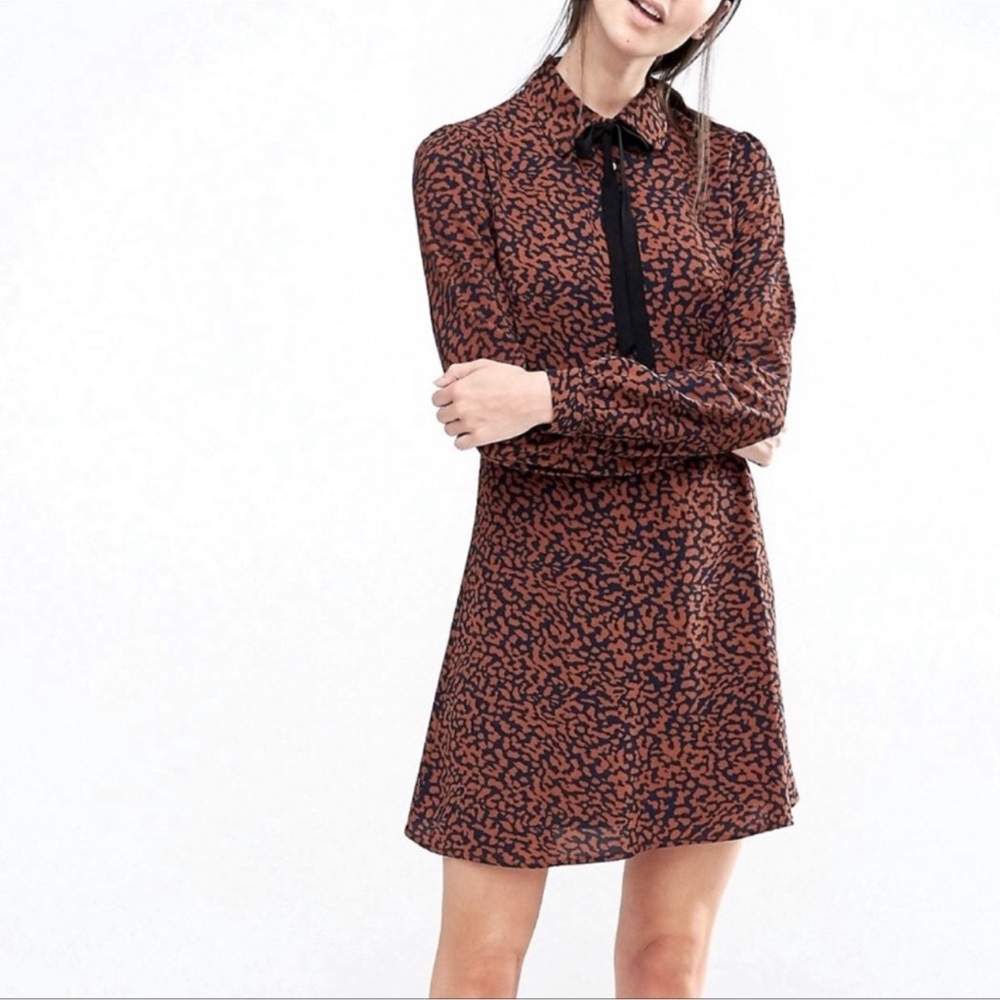 Fashion Union Brown/Blue Cheetah Print Shift Dress with A-Line Flare & Neck Bow